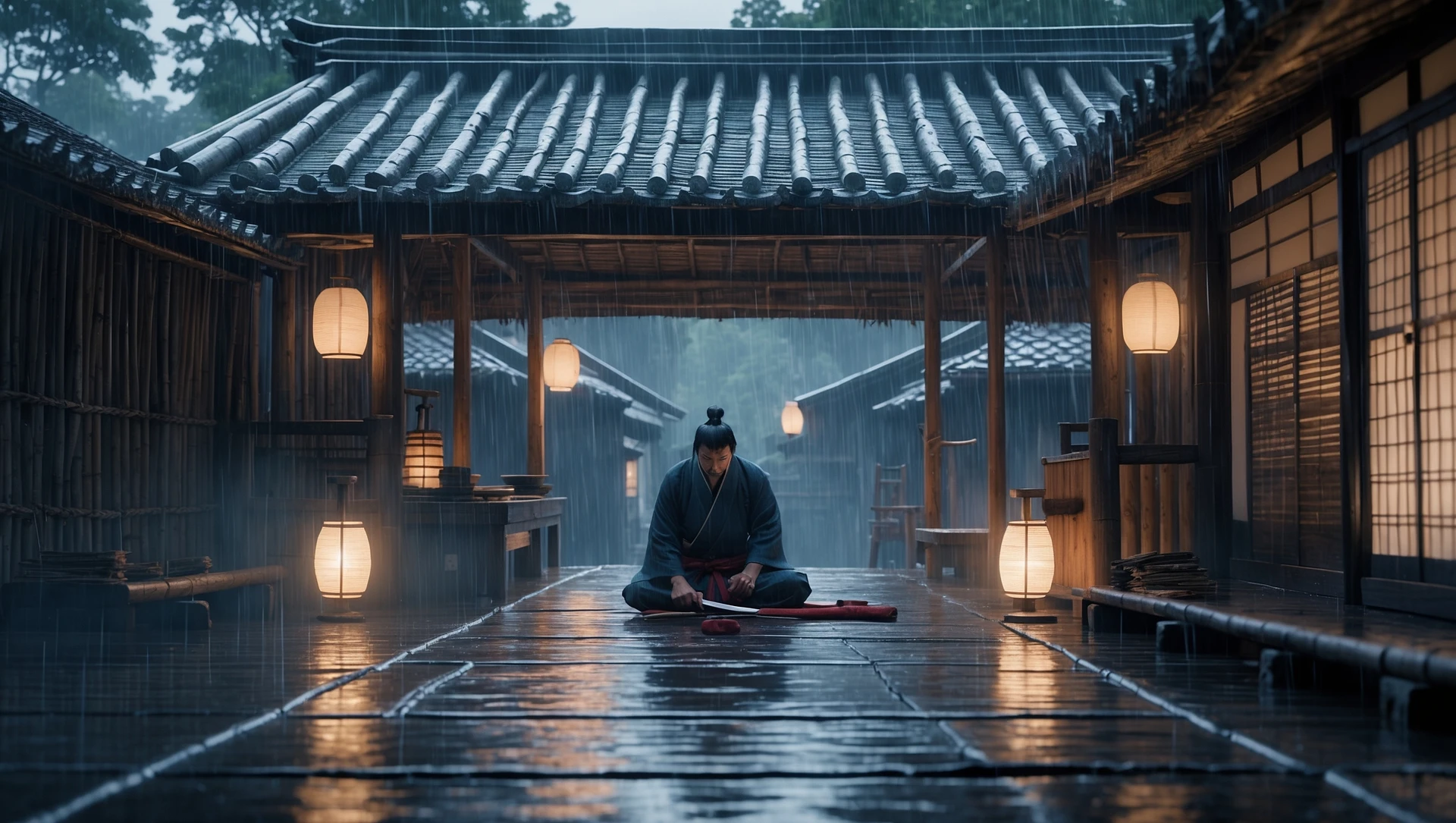A cinematic scene from 1185, motion blur, wide shot of Taro polishing his katana in a bamboo hut, rain on roof, lamp-lit, symmetrical, gray-blue palette, tense, Arri Alexa, Wes Anderson. emoji