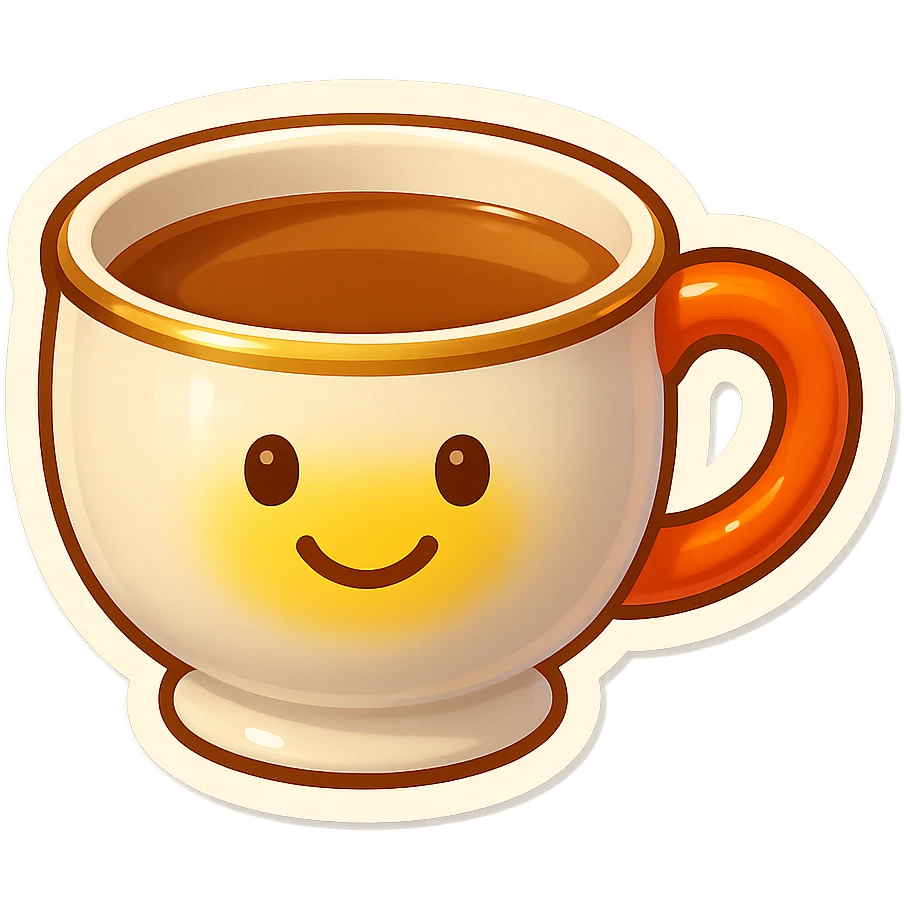 Hermès-style ceramic cup of tea, minimal design, Hermès orange handle, gold rim, cute emoji style, more variations, on white or transparent background emoji