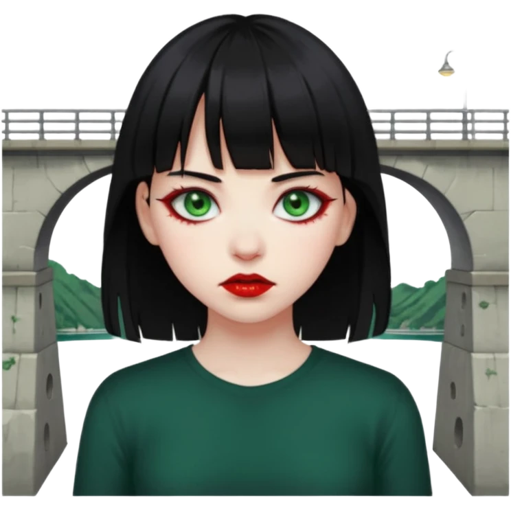 Guria com cabelo preto franjinha sangrando olhos verdes  fundo preto e um piercing bridgepiercing emoji