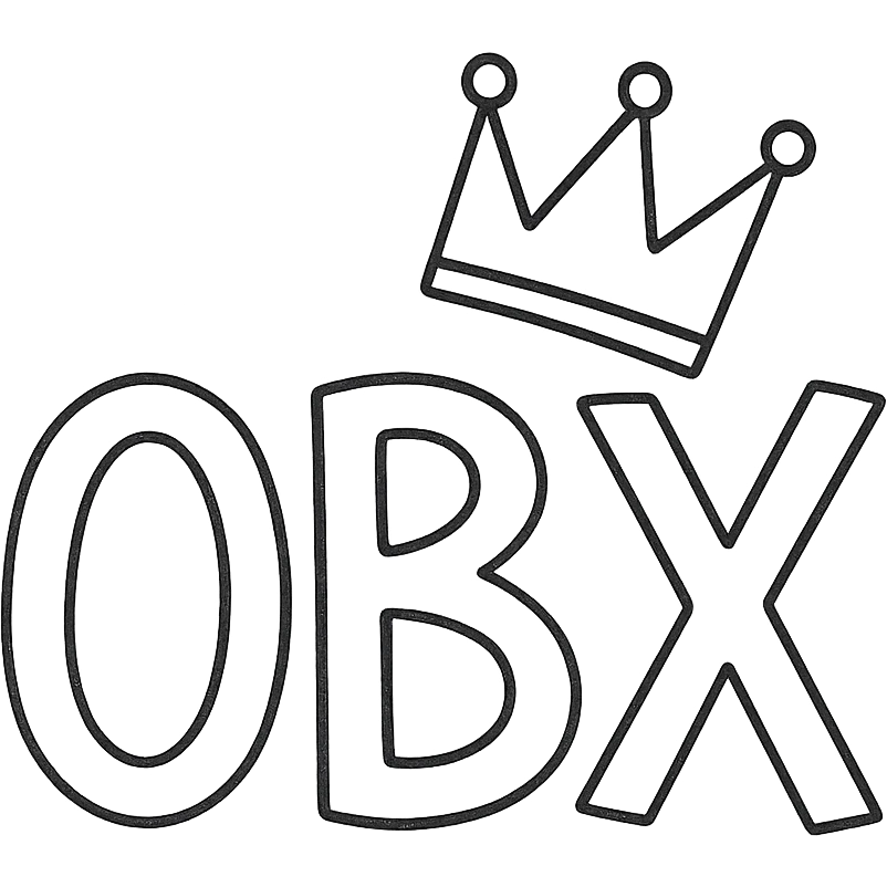 hand-drawn outlined style OBX letters with a tilted crown on top emoji