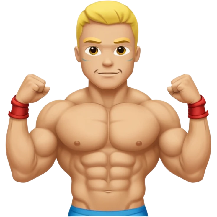 bodybuilder doble biceps possing; complete body; yellow skin; no wrist bands; wearing a speedo emoji