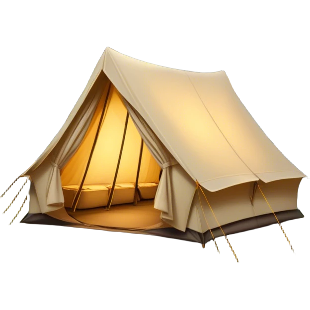 Cinematic Realistic Tent, a sturdy canvas tent nestled among tall trees, warm golden light spilling from inside, gentle folds in the fabric visible, glowing against the cool, dark forest backdrop, evoking a sense of adventure and comfort. emoji