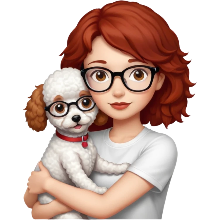 Girl with medium-short dark brown-red hair with glasses, white t-shirt, brown eyes, hugging a white toy poodle emoji