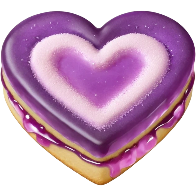 Realistic shortbread cookie in the shape of a heart with mauve jelly middle filling and sprinkled powder sugar on top. emoji
