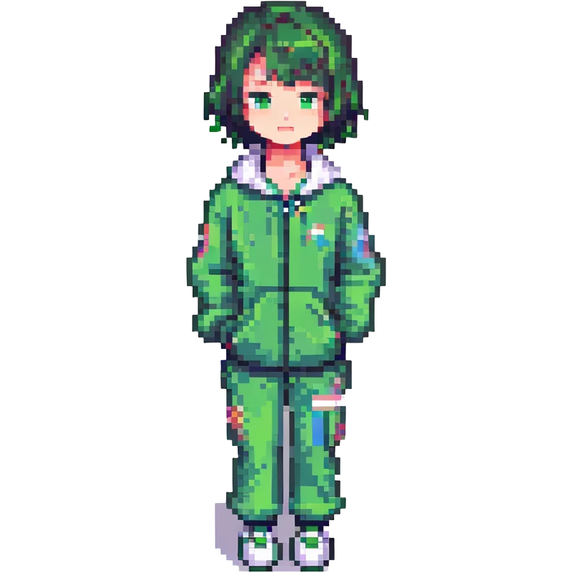 Hyun Ju character from Squid Game 3, pixel art style, short hair, green tracksuit, minimal details emoji