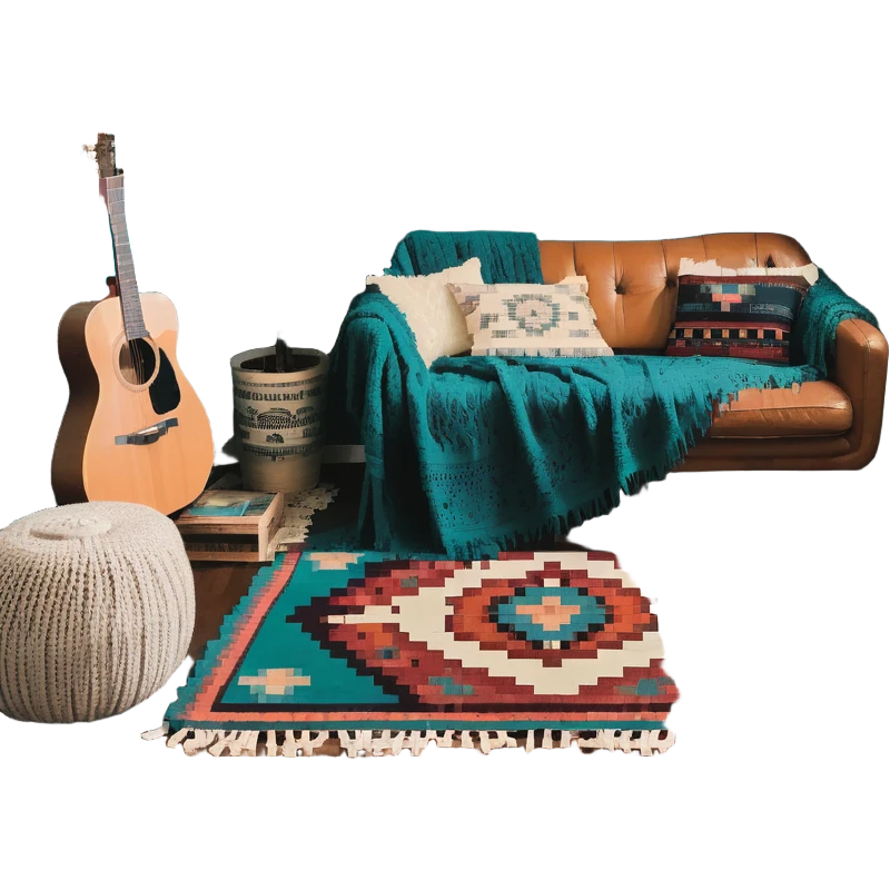 cozy indie room with record collection, hanging plants, boho rugs, vintage posters, string lights, cozy throw blankets emoji