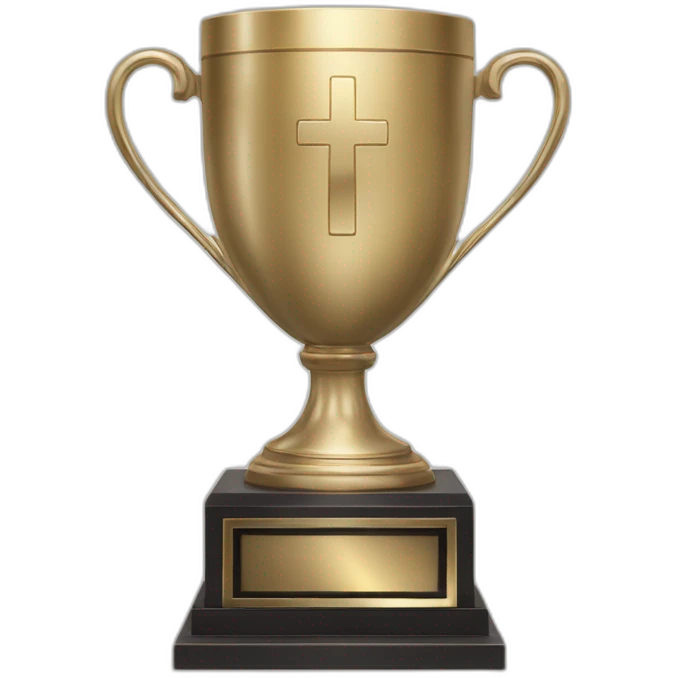royal big empty Christian trophy for the winner with a cross on royal background  with number 1 emoji