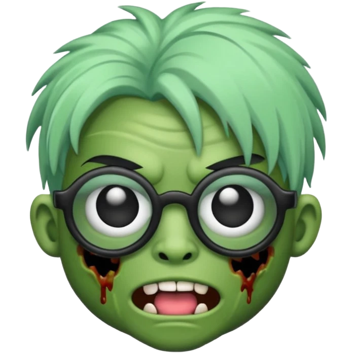 Emoji de zombi com óculos e cabelo preto emo sem pontas e óculos transparentes e a pele  de cor verde pastel  emoji