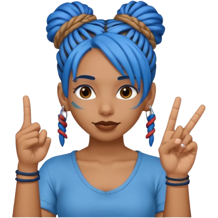 brown girl with blue dreads in a bun giving peace sign and middle finger emoji