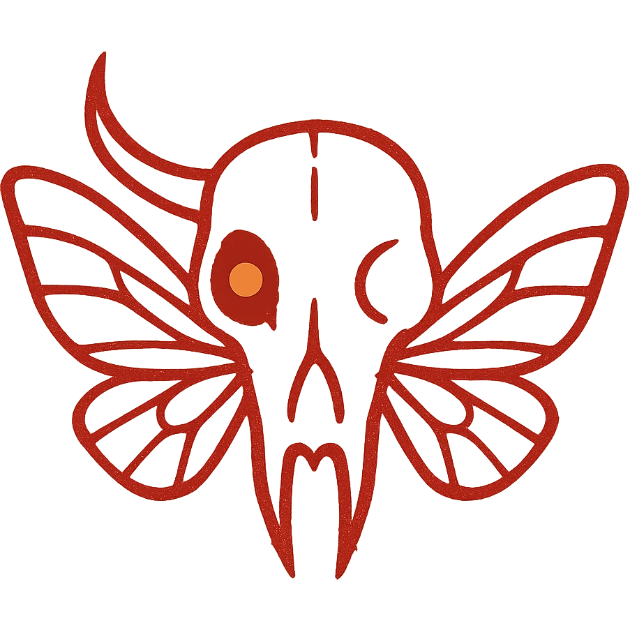 maximum horror: an extremely minimalist red line art of a single fused minotaur-stoat skull with broken horn and one glowing eye, with moth wings, completely hollow/transparent middle, severe deterioration around edges, 100% red color only, sparse horrifying thin lines, most of perimeter missing, like ancient blood sigil emoji
