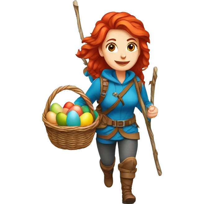 red hair female winter mountaineer climbing with Easter eggsbasket and Greek flag emoji