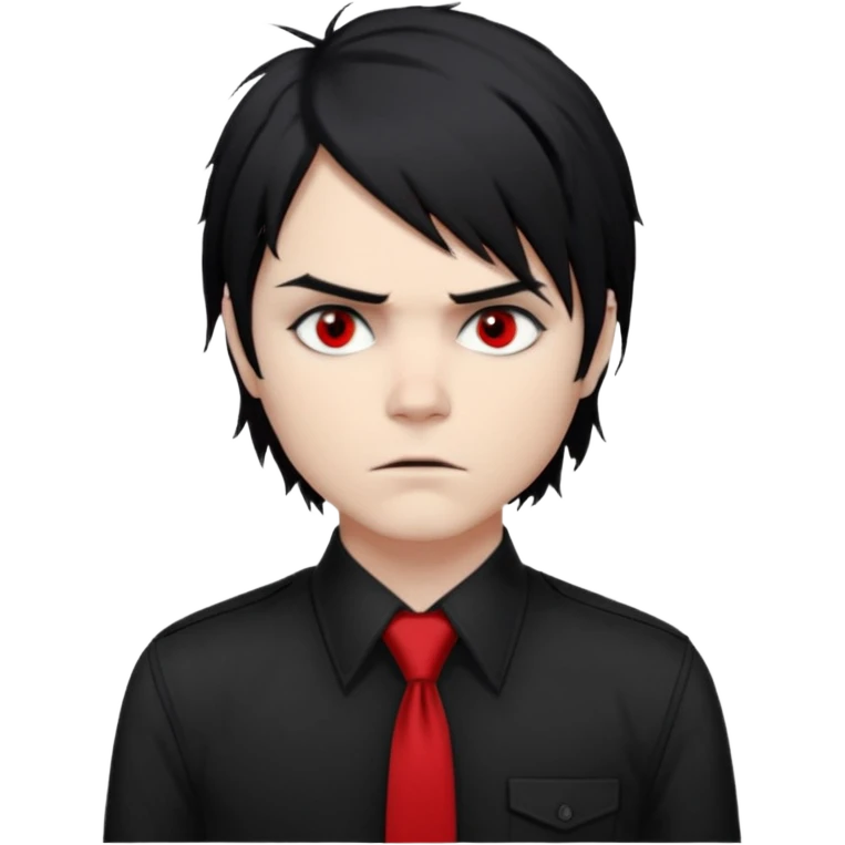 Gerard Way (Revenge Era)
Round, simplified emoji style
Pale skin tone
Jet-black, shoulder-length hair messy and emo
Heavy eyeliner and slight red shadow under the eyes
Subtle serious
Hint of red tie visible on black button up shirt.
Transparent background. Black eyeliner. Messy emo hair emoji