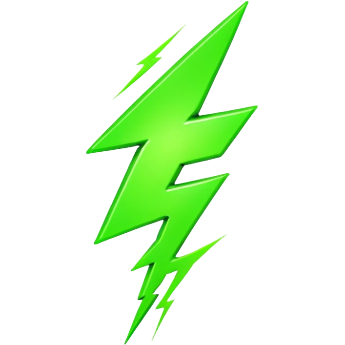 A single neon green lightning bolt emoji, glossy and smooth, cartoonish, vibrant neon green color, high detail, simple and cute design, isolated on white background, centered composition

 emoji