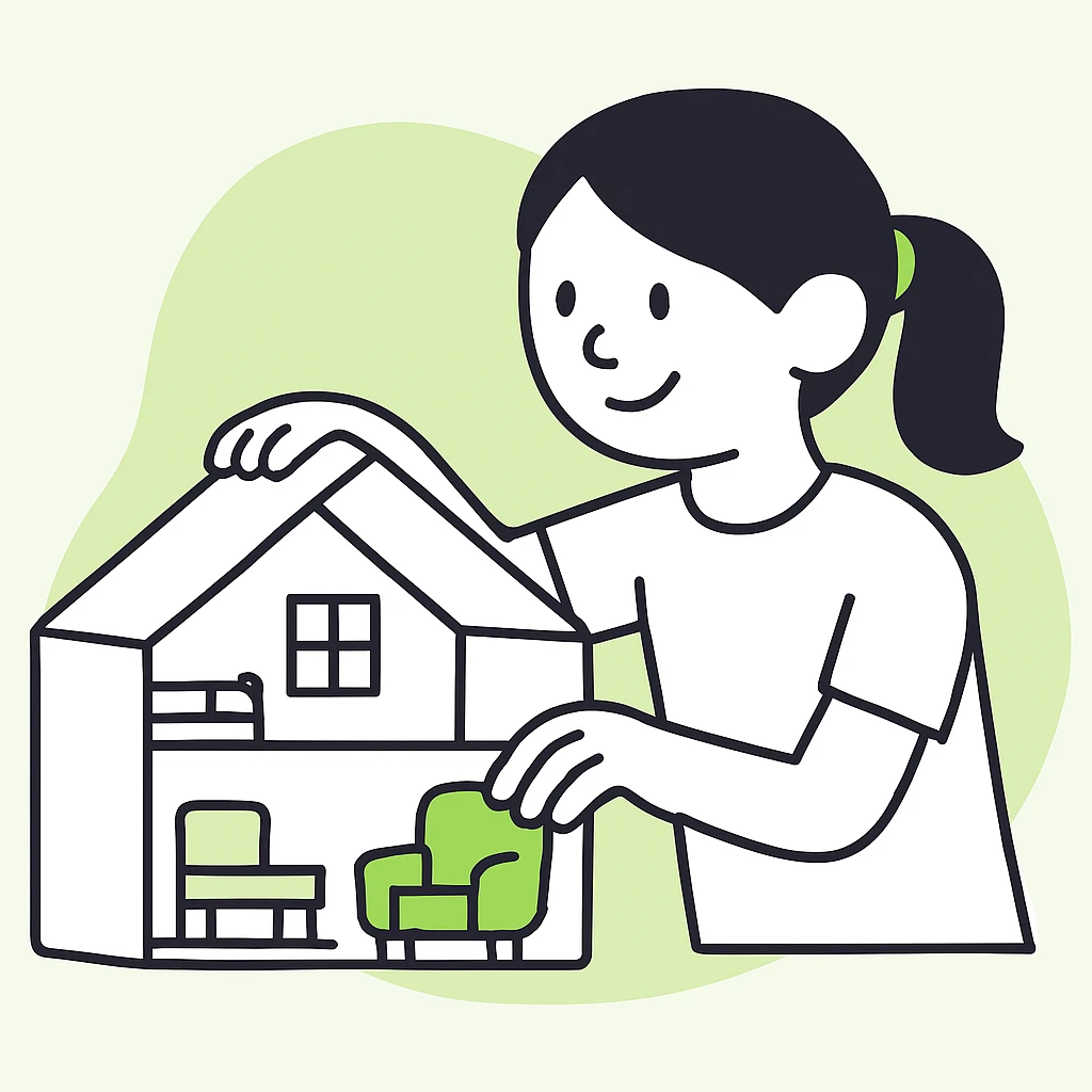 smiling girl arranging furniture in doll house emoji