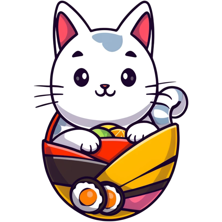 cat sitting in a decorated Easter egg made of sushi, colorful Easter patterns on the sushi egg emoji