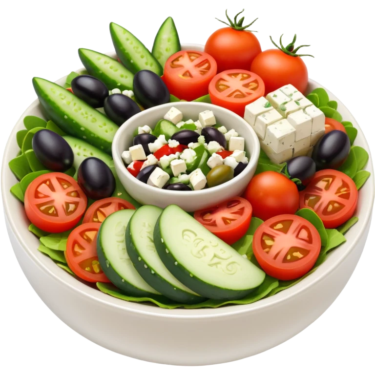 mediterranean salad bowl object icon, tomatoes, cucumbers, olives, feta cheese, olive oil dressing, 3D cartoon, mobile game icon style, clean background, no text, no watermark
 emoji
