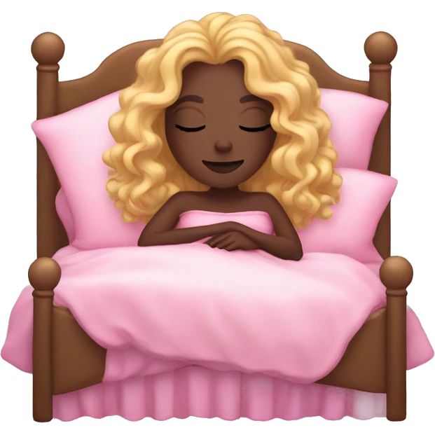 gorgeous dark skin woman with long blonde curly hair sleeping on pink princess bed emoji