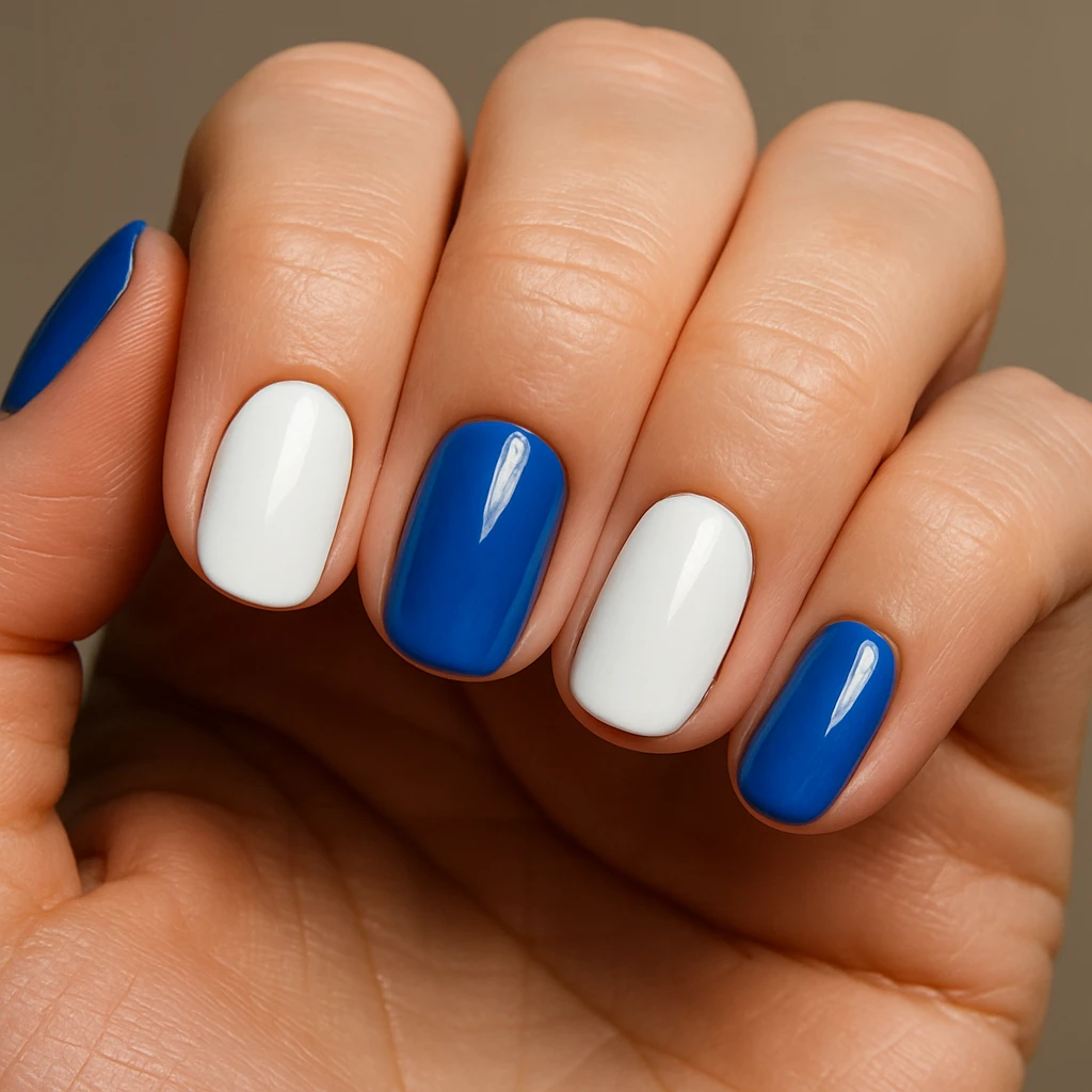 close-up of a hand showing all five fingernails, each nail painted either blue or white, with clear detail emoji