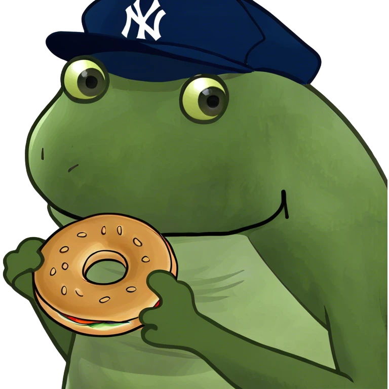 wearing a yankees hat, holding a bagel emoji