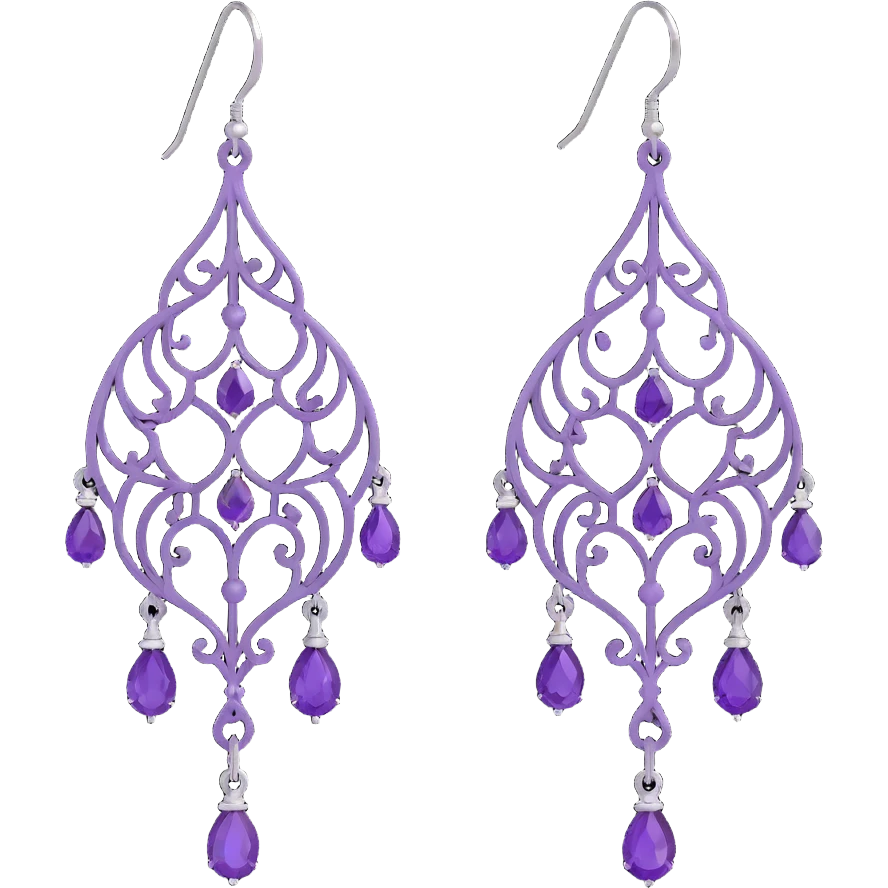 3D emoji-style purple chandelier earrings with intricate filigree, glamorous emoji