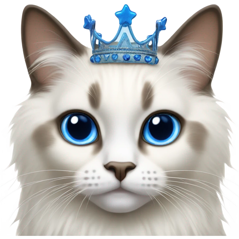 Realistic ragdoll cat with blue eyes wearing crown emoji