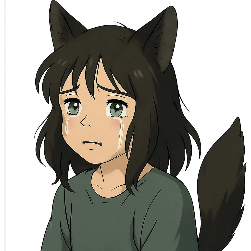 A girl with tears, black fox ears, and a tail, green eyes, dark hair emoji