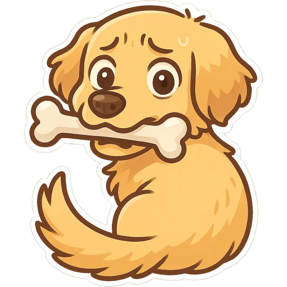 A golden retriever holds a bone in its mouth and looks back at the viewer in horror, trying to hide the bone emoji