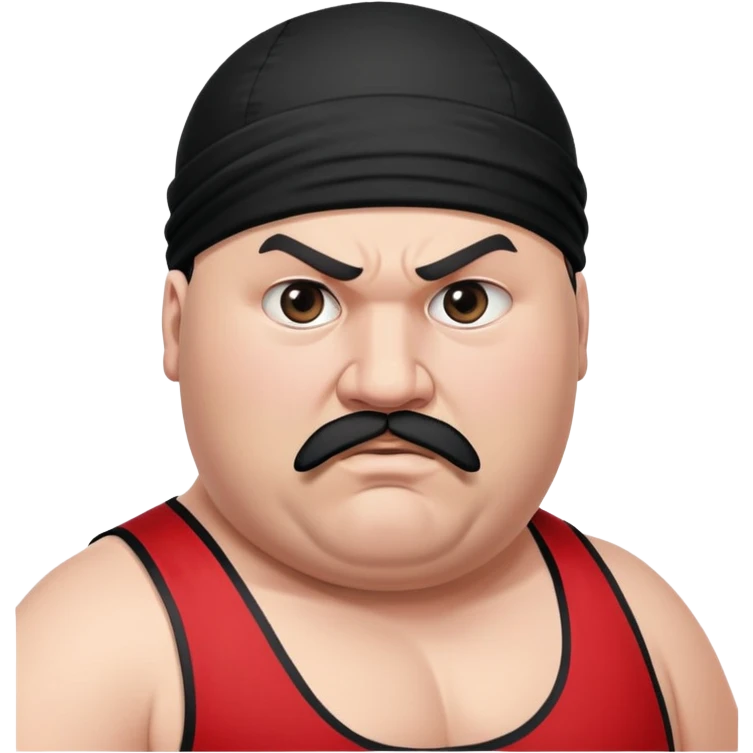 Close-up of morbidly obese white skin guy with young face, prominent BLACK DURAG tied clearly on head, distinct black beard and mustache, no muscle, black eyes in a red and black wrestling singlet with angry face emoji