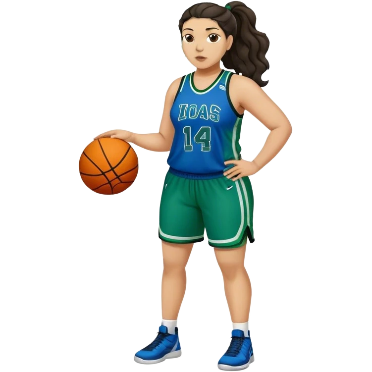 full body plus size light skin latino women basketball player with wavy dark hair in pony tail wide nose wearing blue green  uniform emoji
