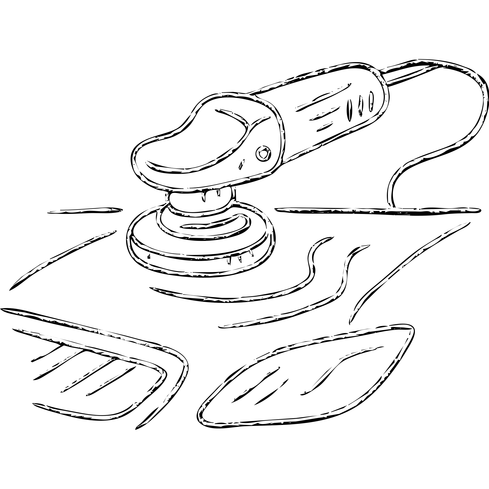 hand-drawn outlined icon of a polishing machine on a black car hood, silver details, reflection and soft shine waves, clean and modern emoji