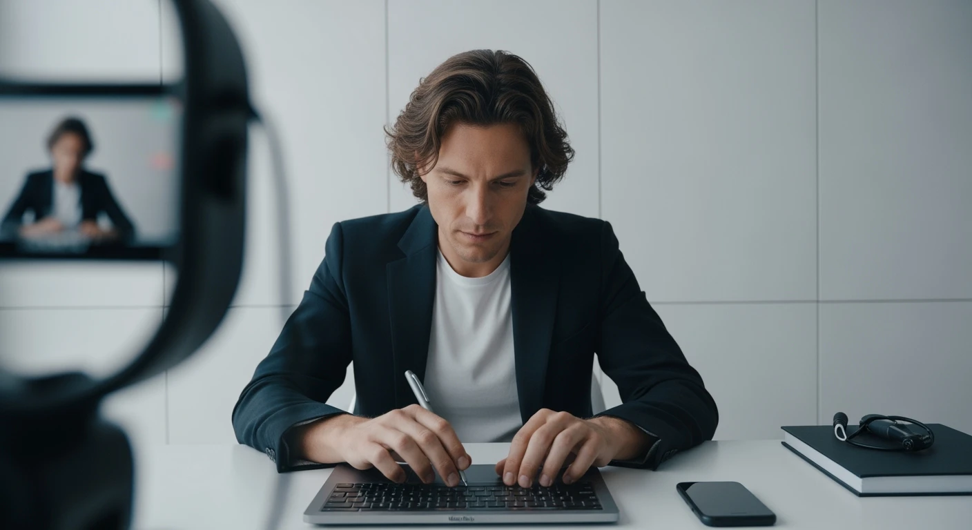 Cinematic still, POV camera, Man writing on macbook pro keyboard, minimalistic environment emoji