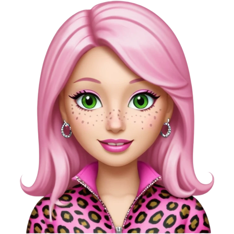 Smiling Green eyed light white skin, no freckles, Nicki Minaj wearing a pink leopard print outfit no freckles, and light pink lips emoji