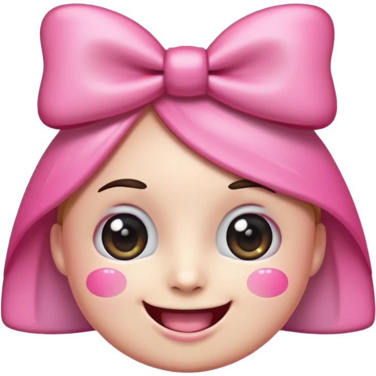 surreal and kawaii emoji face with huge sparkling cartoon eyes, a wide realistic human smile with perfect teeth, pink cheeks, and a big pink bow on its head. The background is transparent. Above the head, the text "kawowiwo-wiwi" is written in a playful, handwritten font emoji