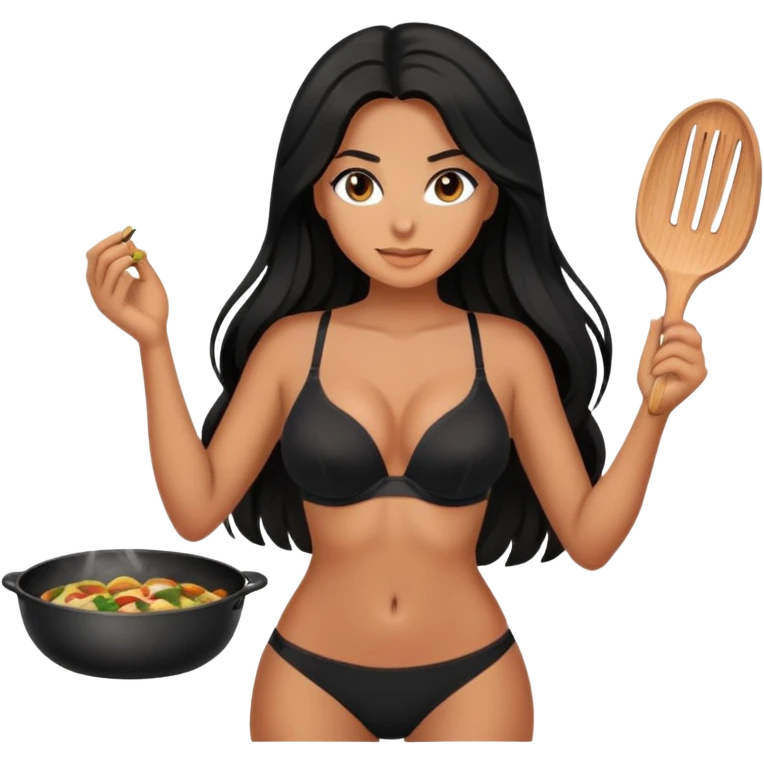 cooking, black long hair tanned woman, black bra and panties emoji