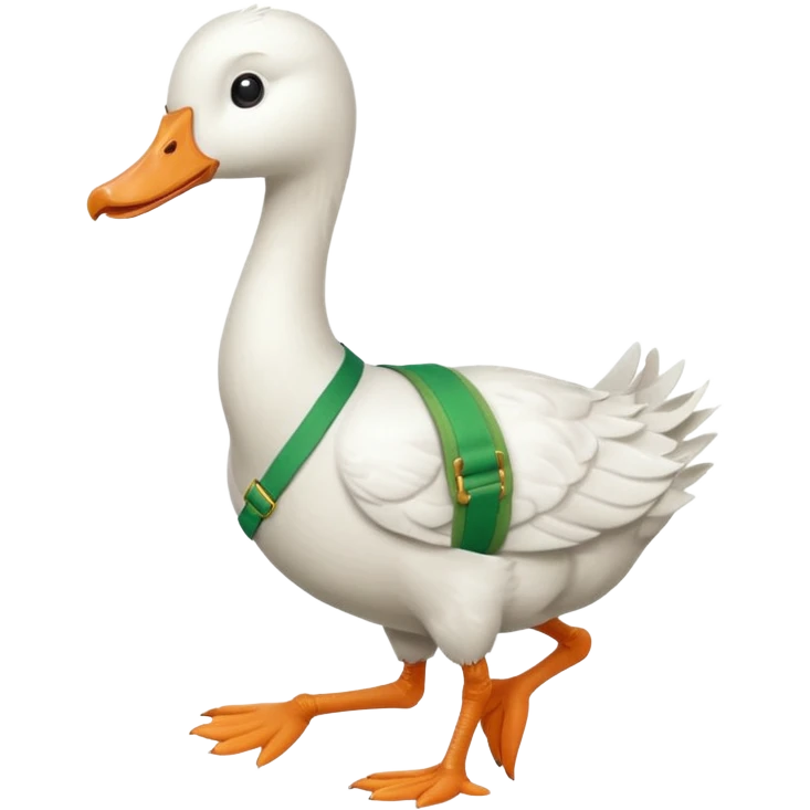 Make me an emoji of a goose that is running towards something. Also make it white. Make it have a very long neck like geese do.

Can you make the goose wear green suspenders emoji