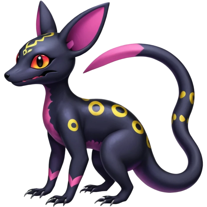 Rare epic aesthetic colorful Salandit-Noibat-Umbreon-Genet-species-Fakemon-hybrid-creature, with markings, full body emoji
