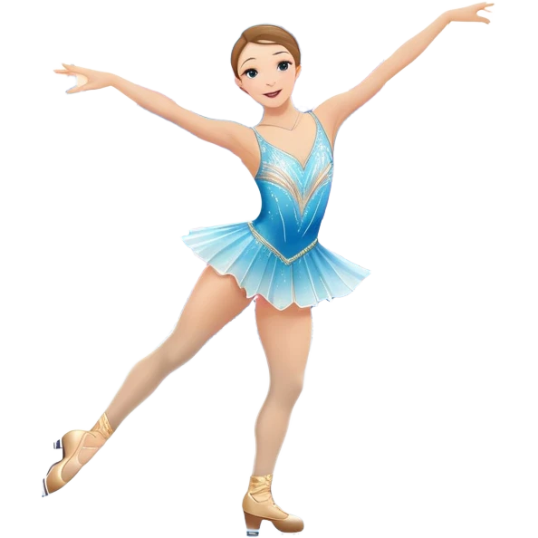 An colorful icon featuring a graceful figure skater performing a spin on the ice. The background includes a grand ice rink palace with shining spotlights and cheering spectators in the stands. Transparent background highlights the elegance and artistry of figure skating emoji