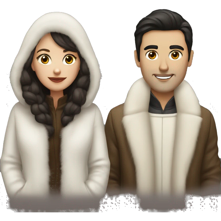 Dark haired White couple in long fur coats emoji