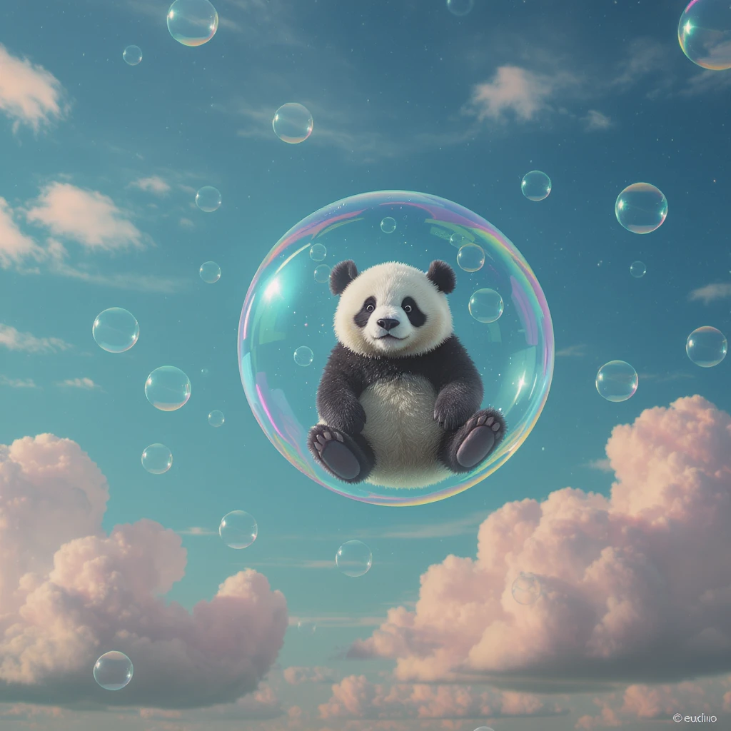 Minimalistic Cinematic still of pandas bears sitting inside flying bubbles, blue sky filling background , pink clouds emoji