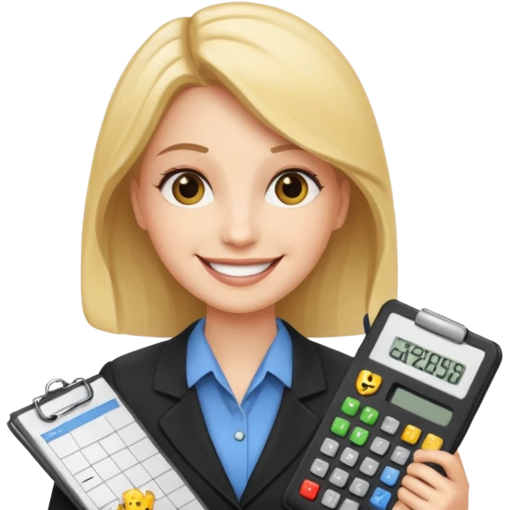 aUDITOR smiling with spreadsheet and a calculator, emoji, ADD A puzzle and a Balance for accounting emoji