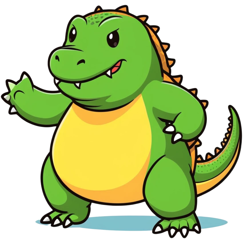 A fat komodo dragon with a bloated stomach, mid-hiccup with its body bouncing slightly from the hiccup emoji