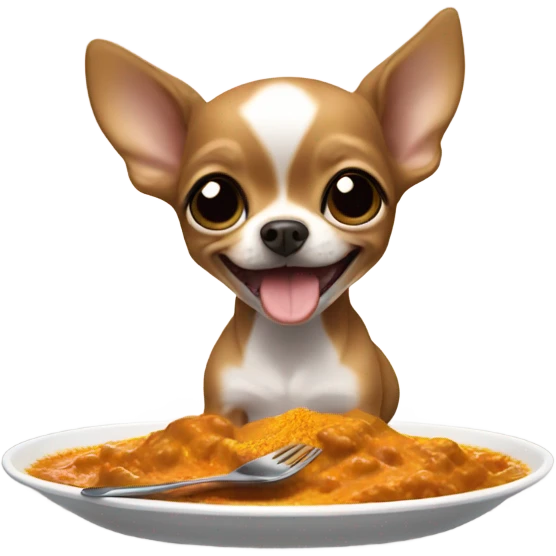 Brown Chihuahua puppy eating curry with stomach showing emoji
