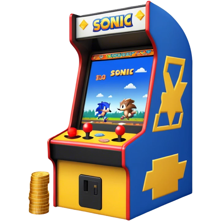 An icon showing a retro arcade screen with pixelated characters like a speedy hedgehog Sonic jumping and collecting coins. The game environment includes obstacles, power-ups, and vibrant colors, evoking the excitement and nostalgia of classic arcade games. transparent background. emoji