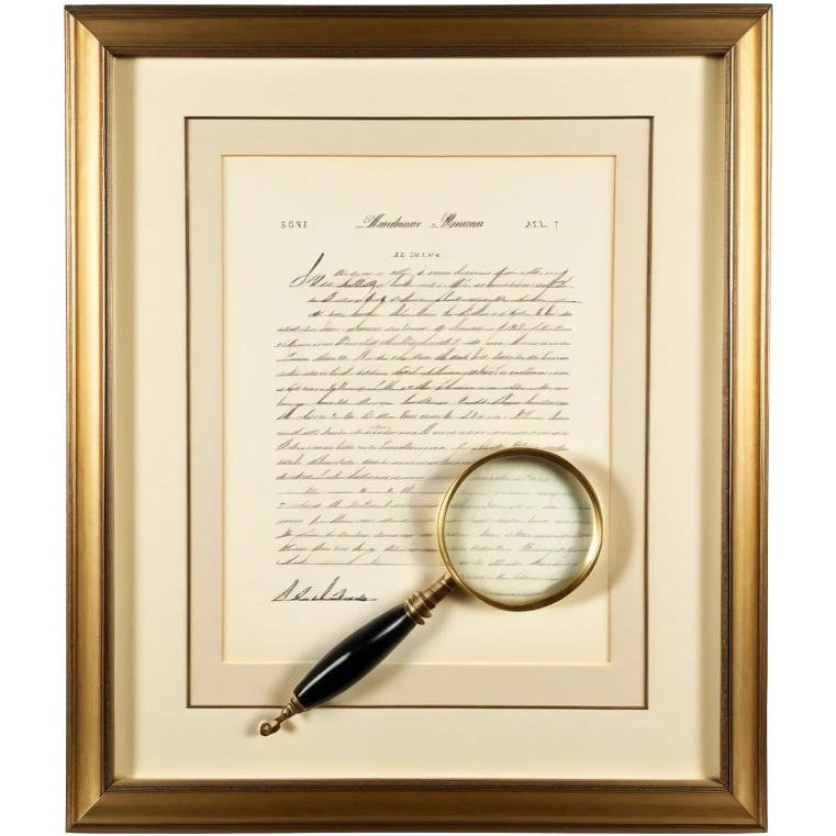 Icon for Autograph Collecting: a signed piece of paper or book page with a famous signature, surrounded by a magnifying glass, and a collection of several framed autographs. Transparent background. emoji