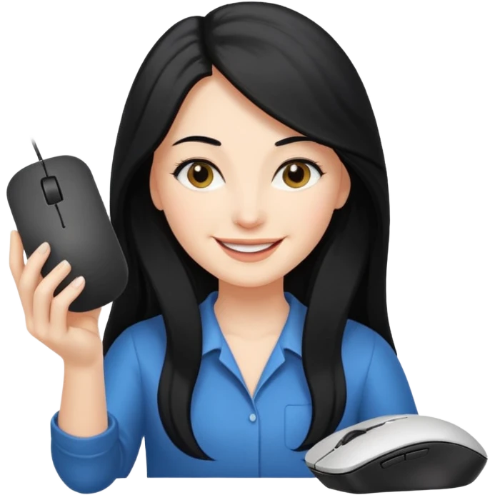 white woman with long black hair, smiling with head mouse emoji