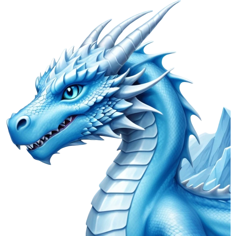 Cinematic Noble elegant Ice Dragon Portrait Emoji, Poised and imposing, distinct long elegant snout, with a slender, scaled body shimmering in glacial hues of icy blue, frostbitten silver, and crystalline white, breathing out frost, with piercing, glowing ice blue white eyes that radiate the chilling depths of an arctic storm; rendered in detail. excuding wisdom emoji