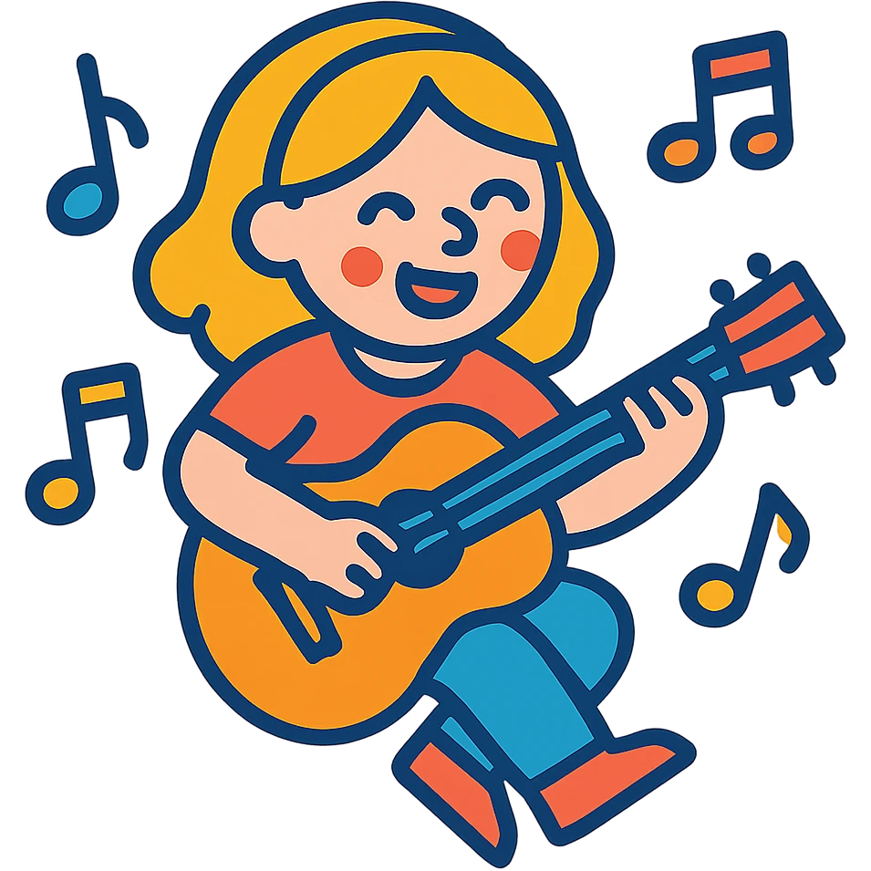 blonde girl playing guitar with music notes in the air emoji