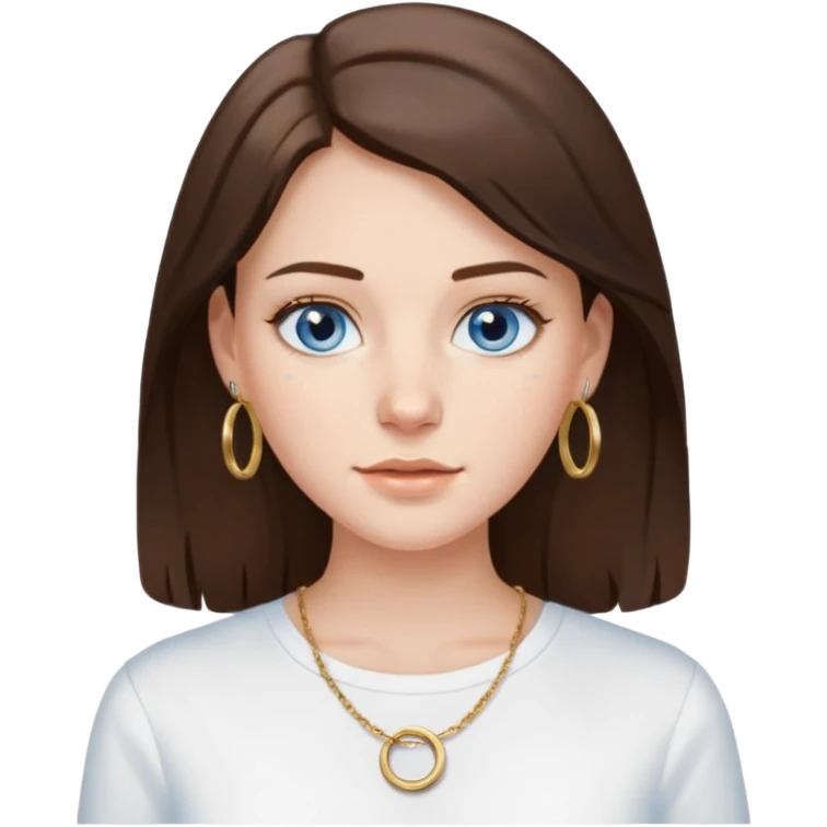 Create an emoji of a pretty white Girl with brunette hair blue eyes faint freckles and medium length hair wearing a white shirt with gold hoop earrings and a gold necklace  emoji