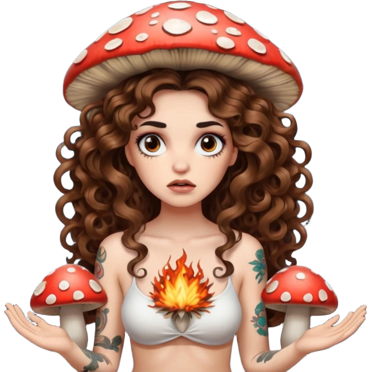 woman with long curly brown hair, brown eyes, white skin, tattoos, unimpressed stare while mushroom explodes behind her emoji