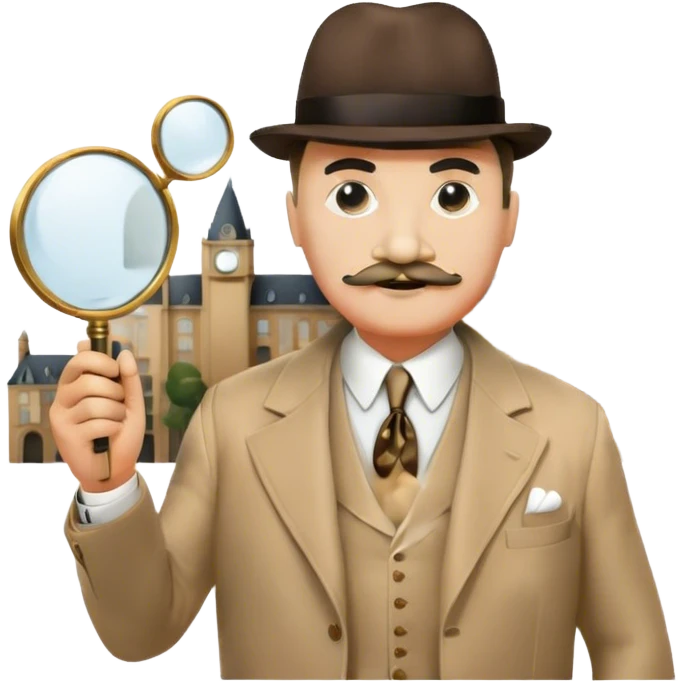 A cinematic-style frame showing Hercule Poirot in his iconic suit with a magnifying glass in a dramatic detective pose. Background should be mysterious city background and subtle clues like fingerprints or a crime scene. Transparent background. emoji